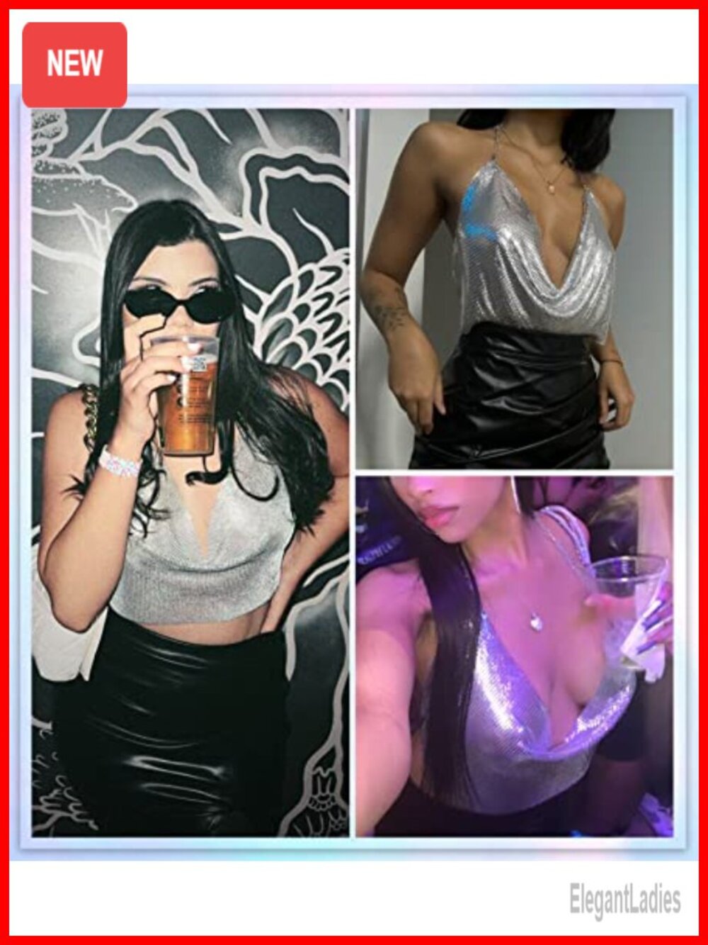 Sequin Rhinestone Chain Halter Backless Crop Top - Picture 5 of 5